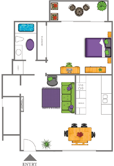 Floor plan for 1 bed, 1 bath, 741 sqft